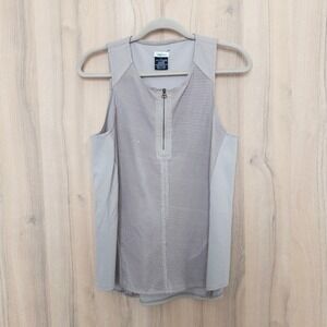 Neiman Marcus Women Leather Top Size L Beige Mesh Zip Minimalist Chic Quiet Luxe